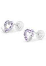 tiny gorgeous white gold double hearts February birthstone baby earrings         